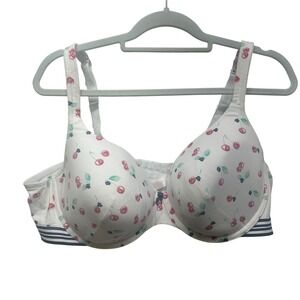 Cacique Cherry Print Lightly Lined T Shirt Bra 46D White Blue Stripe
